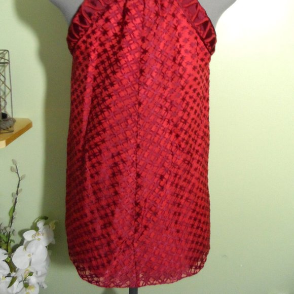 M.S.S.P. MAX STUDIO Velvet Chiffon High neck Top XS Red Trapeze Tunic blouse Hot - Picture 8 of 9